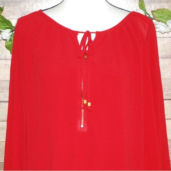 Carmen Marc Valvo Red Blouse Tunic Plus Size 3X Zip Up Tie Up Keyhole Neckline - Picture 2 of 10